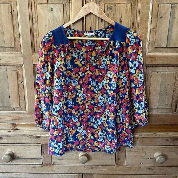 Porridge Medium‎ Silk Blouse Top Floral Anthropologie V-Neck Long Sleeve - Picture 1 of 13